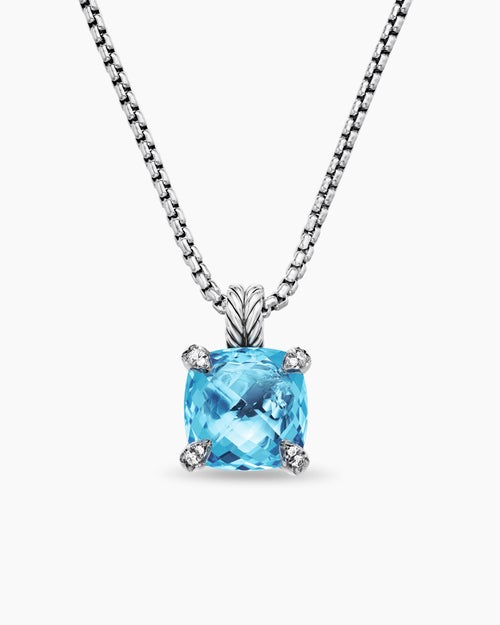 Womens Chatelaine® Pendant Necklace in Sterling Silver with Blue Topaz and Diamonds, 11mm