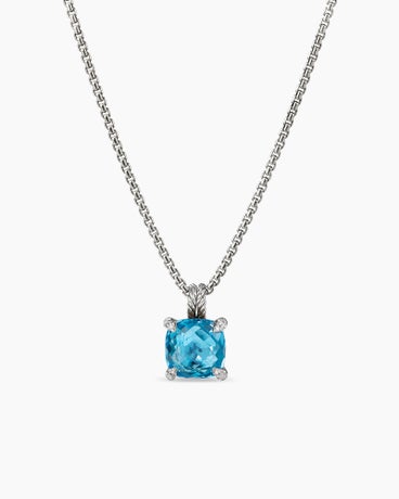 Chatelaine® Pendant Necklace in Sterling Silver with Blue Topaz and Diamonds, 11mm