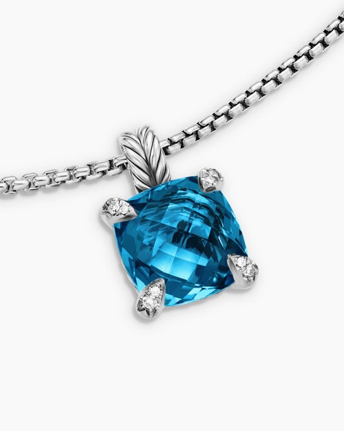 Womens Chatelaine® Pendant Necklace in Sterling Silver with Hampton Blue Topaz and Diamonds, 11mm
