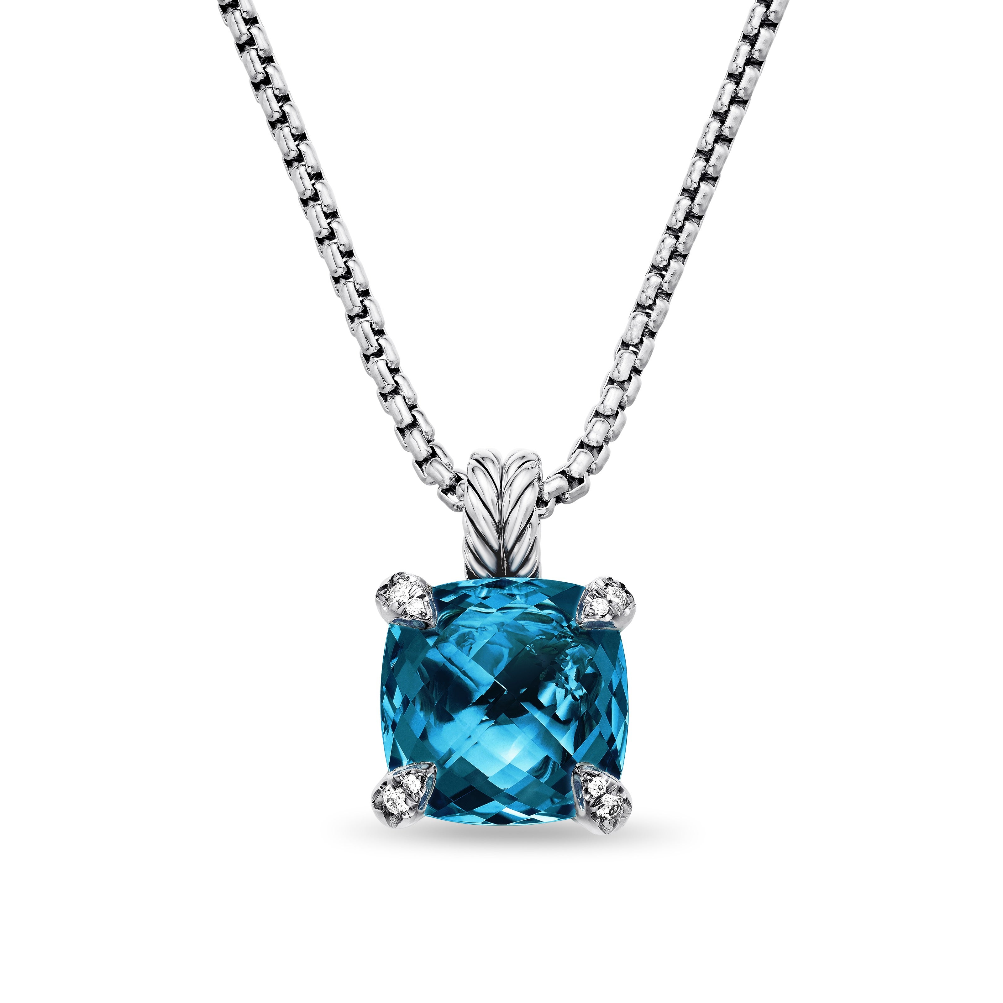Womens Chatelaine&reg; Pendant Necklace in Sterling Silver with Hampton Blue Topaz and Diamonds, 11mm