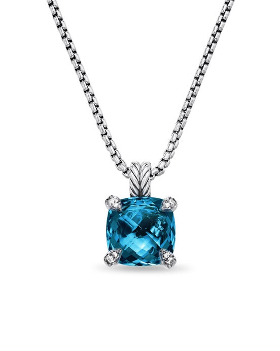 Chatelaine® Pendant Necklace in Sterling Silver with Hampton Blue Topaz and Diamonds, 11mm