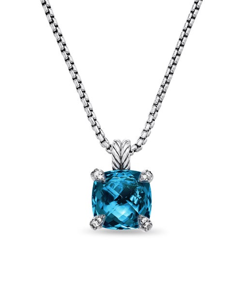 Womens Chatelaine® Pendant Necklace in Sterling Silver with Hampton Blue Topaz and Diamonds, 11mm