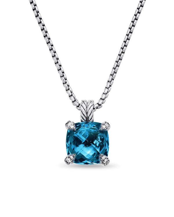 Chatelaine® Pendant Necklace in Sterling Silver with Hampton Blue Topaz and Diamonds, 11mm