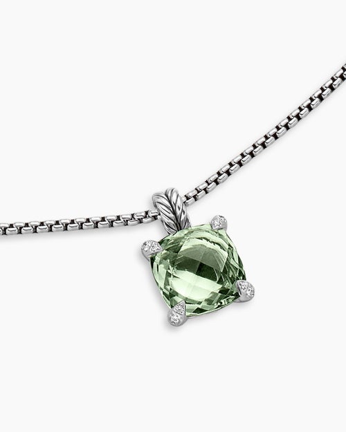 Womens Chatelaine® Pendant Necklace in Sterling Silver with Prasiolte and Diamonds, 11mm