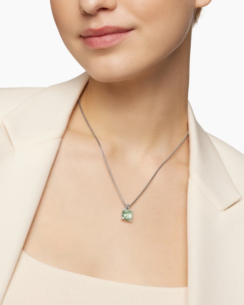 Womens Chatelaine® Pendant Necklace in Sterling Silver with Prasiolte and Diamonds, 11mm