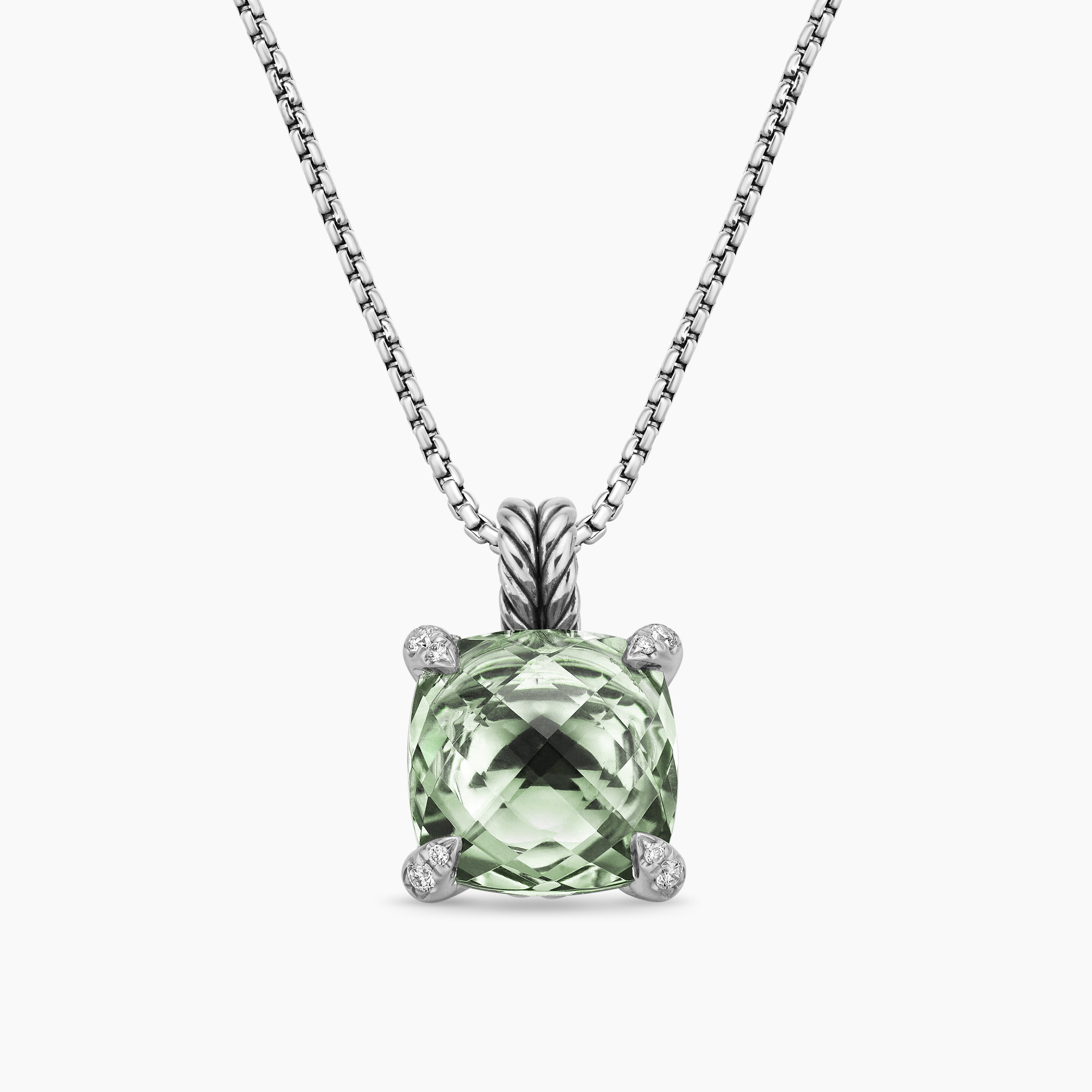 Womens Chatelaine&reg; Pendant Necklace in Sterling Silver with Prasiolte and Diamonds, 11mm