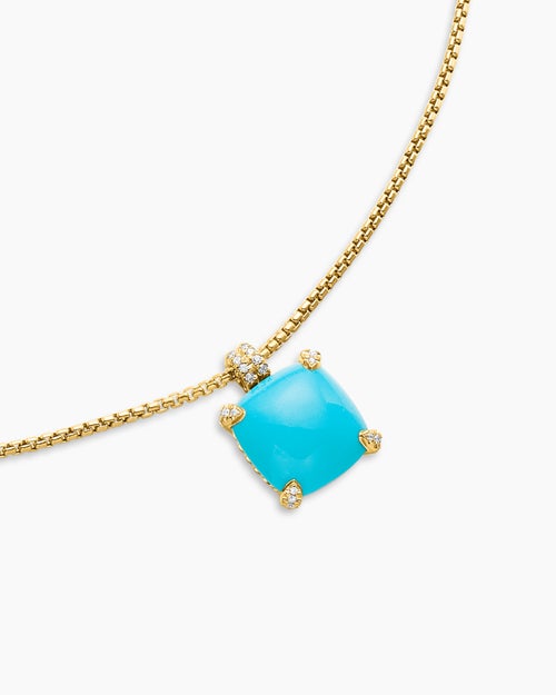 Womens Chatelaine® Pendant Necklace in 18K Yellow Gold with Turquoise and Diamonds, 14mm