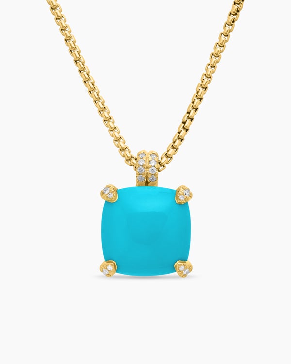 Chatelaine® Pendant Necklace in 18K Yellow Gold with Turquoise and Diamonds, 14mm