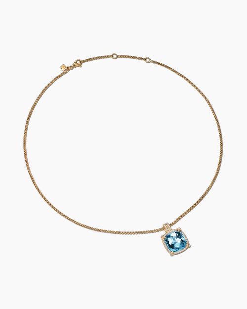 Womens Chatelaine® Pavé Bezel Pendant Necklace in 18K Yellow Gold with Blue Topaz and Diamonds, 14mm