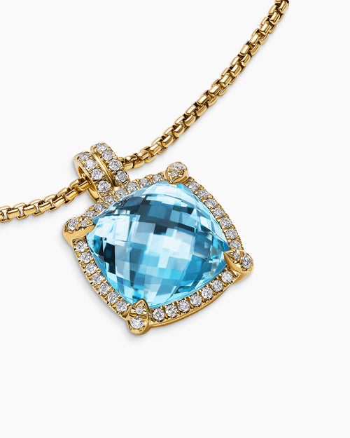 Womens Chatelaine® Pavé Bezel Pendant Necklace in 18K Yellow Gold with Blue Topaz and Diamonds, 14mm