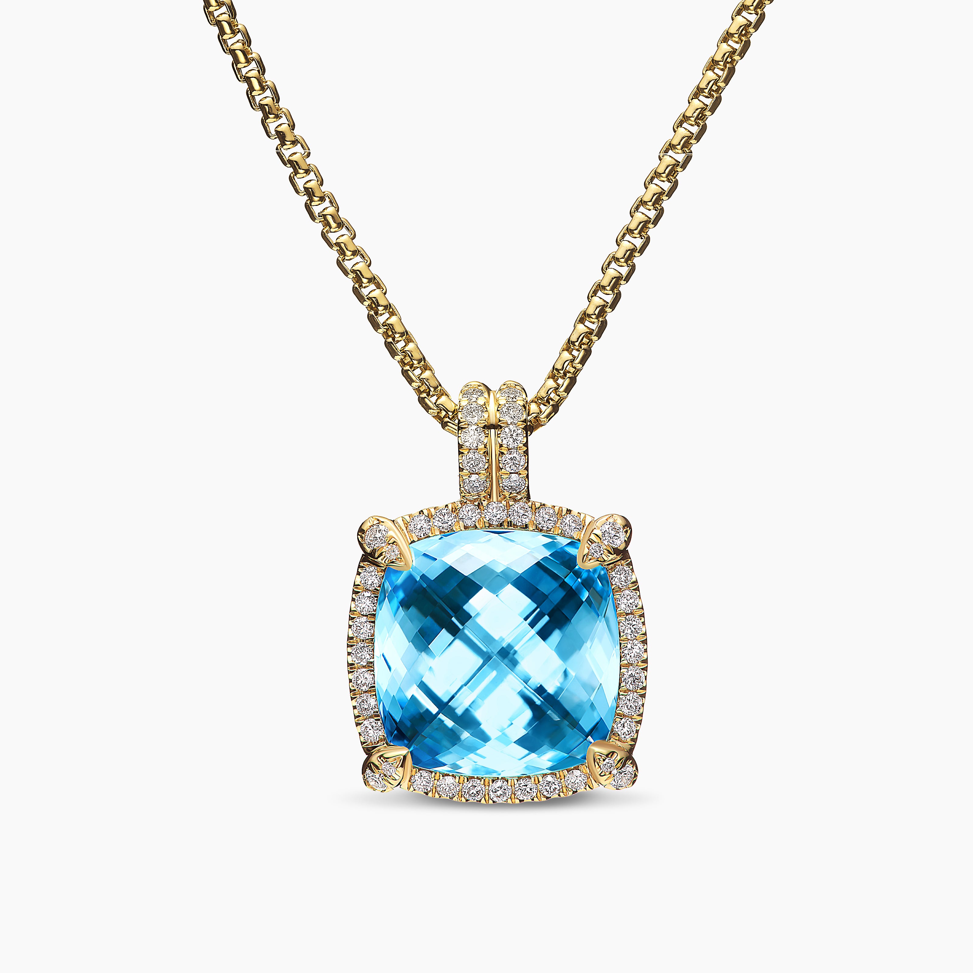 Womens Chatelaine&reg; Pav&eacute; Bezel Pendant Necklace in 18K Yellow Gold with Blue Topaz and Diamonds, 14mm