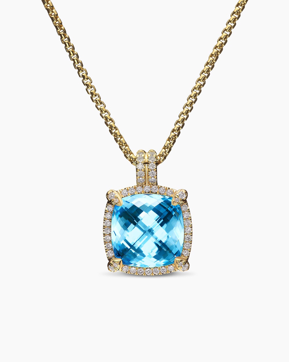 Womens Chatelaine® Pavé Bezel Pendant Necklace in 18K Yellow Gold with Blue Topaz and Diamonds, 14mm