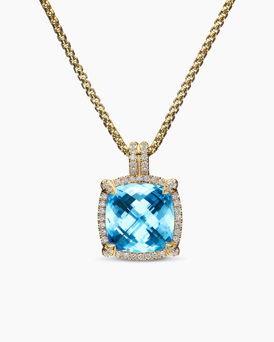 Collier avec pendentif à chatons et à pavé Chatelaine® en or jaune 18 carats avec topaze bleue et diamants, 14 mm