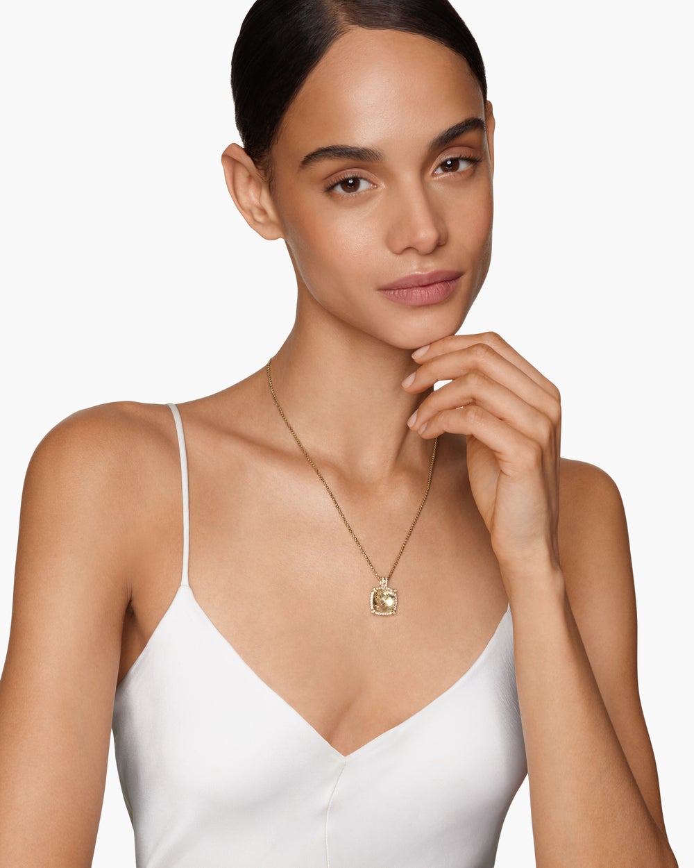Womens Chatelaine® Pavé Bezel Pendant Necklace in 18K Yellow Gold with Champagne Citrine and Diamonds, 14mm