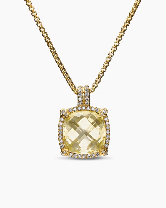 Chatelaine® Pavé Bezel Pendant Necklace in 18K Yellow Gold with Champagne Citrine and Diamonds, 14mm