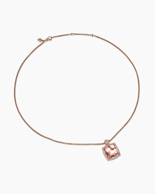 Womens Chatelaine® Pavé Bezel Pendant Necklace in 18K Rose Gold with Morganite and Diamonds, 14mm