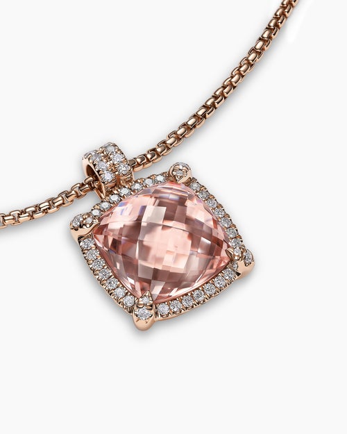 Womens Chatelaine® Pavé Bezel Pendant Necklace in 18K Rose Gold with Morganite and Diamonds, 14mm