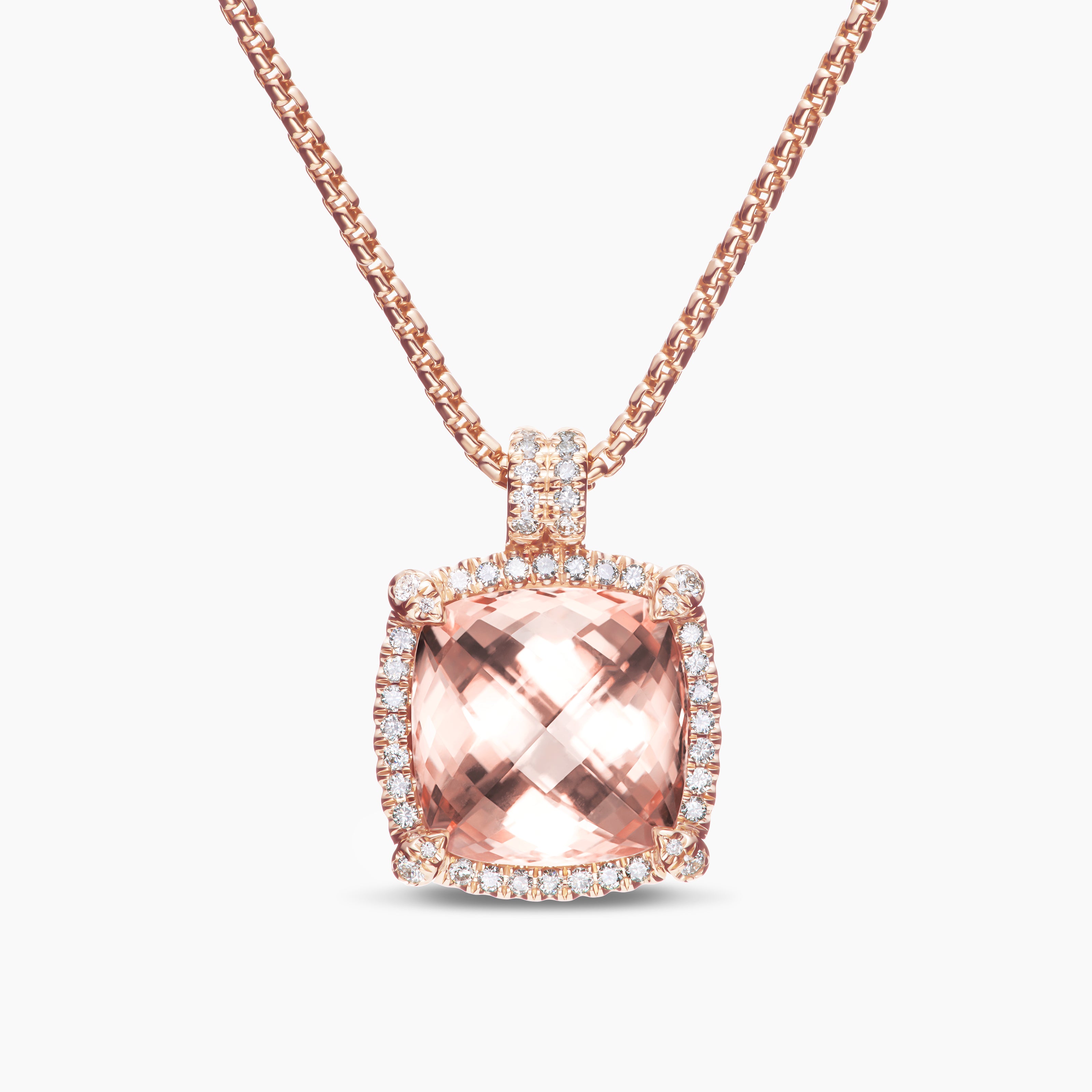 Womens Chatelaine&reg; Pav&eacute; Bezel Pendant Necklace in 18K Rose Gold with Morganite and Diamonds, 14mm