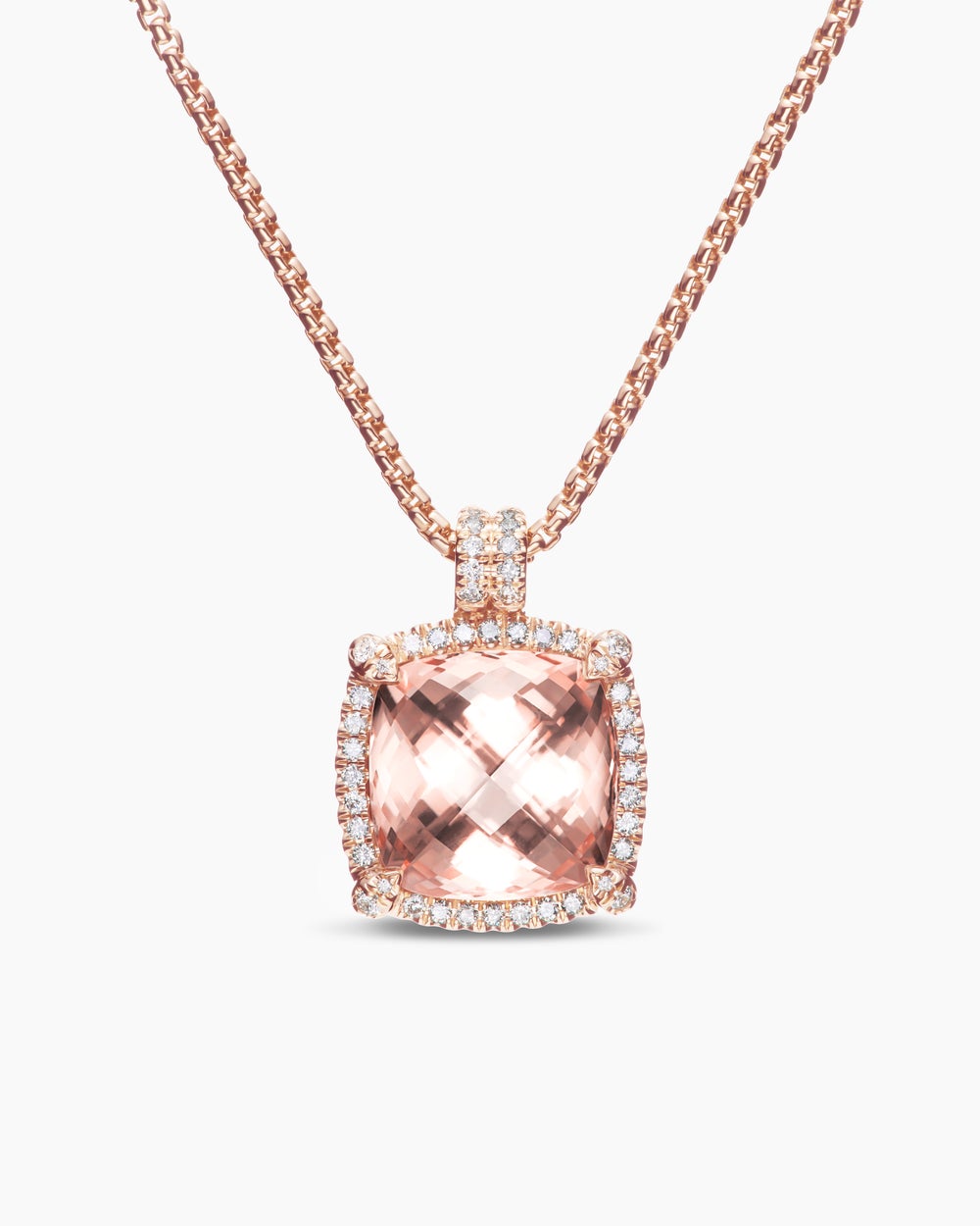 Womens Chatelaine® Pavé Bezel Pendant Necklace in 18K Rose Gold with Morganite and Diamonds, 14mm