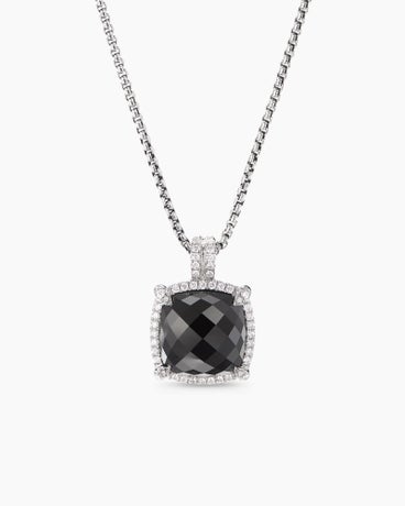 Chatelaine® Pavé Bezel Pendant Necklace in Sterling Silver with Black Onyx and Diamonds, 14mm