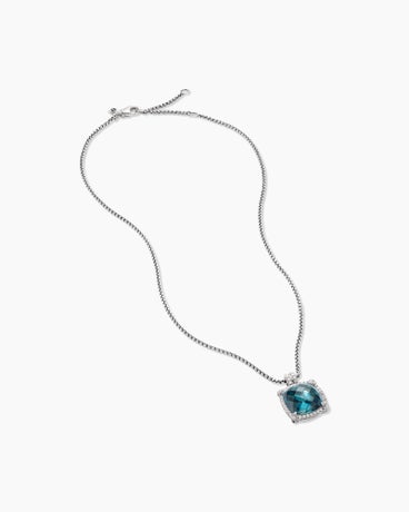 Chatelaine® Pavé Bezel Pendant Necklace in Sterling Silver with Hampton Blue Topaz and Diamonds, 14mm
