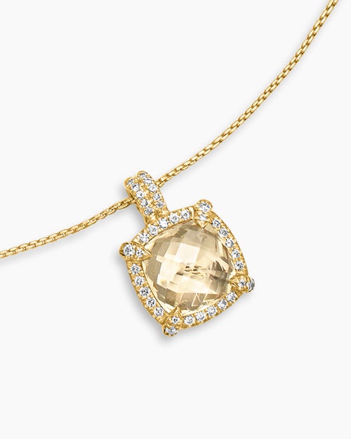 Womens Chatelaine® Pavé Bezel Pendant Necklace in 18K Yellow Gold with Champagne Citrine and Diamonds, 9mm