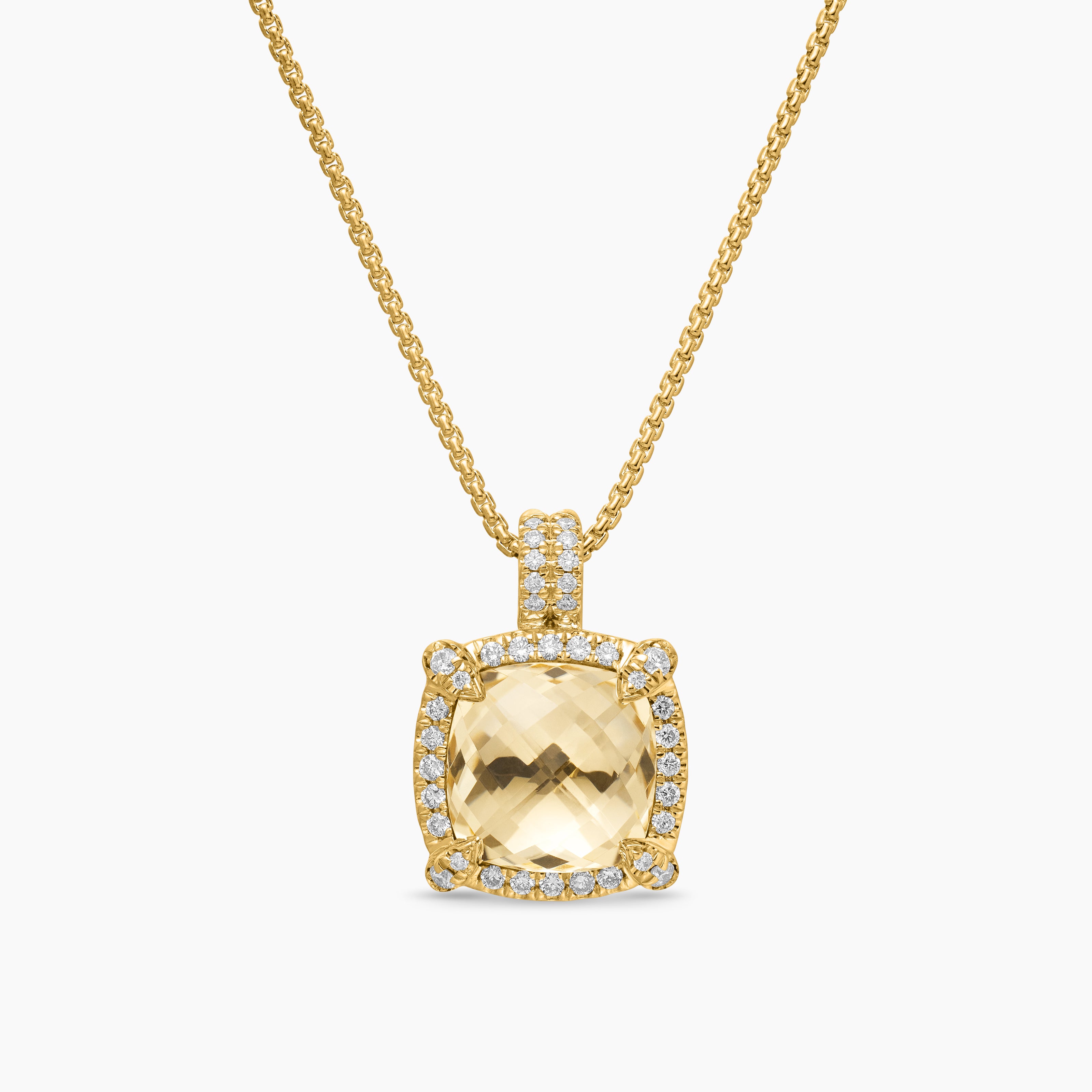 Womens Chatelaine&reg; Pav&eacute; Bezel Pendant Necklace in 18K Yellow Gold with Champagne Citrine and Diamonds, 9mm