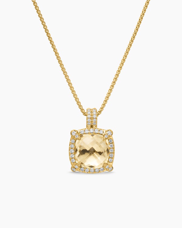 Chatelaine® Pavé Bezel Pendant Necklace in 18K Yellow Gold with Champagne Citrine and Diamonds, 9mm