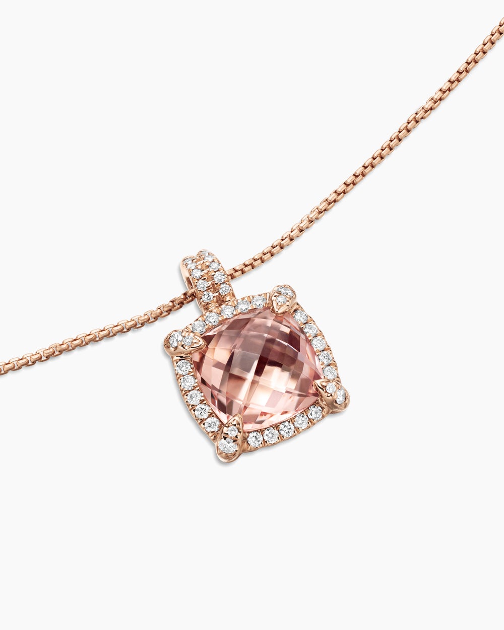 Womens Chatelaine® Pavé Bezel Pendant Necklace in 18ct Rose Gold with Morganite and Diamonds, 9mm