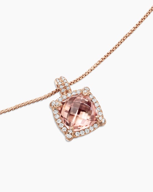 Womens Chatelaine® Pavé Bezel Pendant Necklace in 18K Rose Gold with Morganite and Diamonds, 9mm