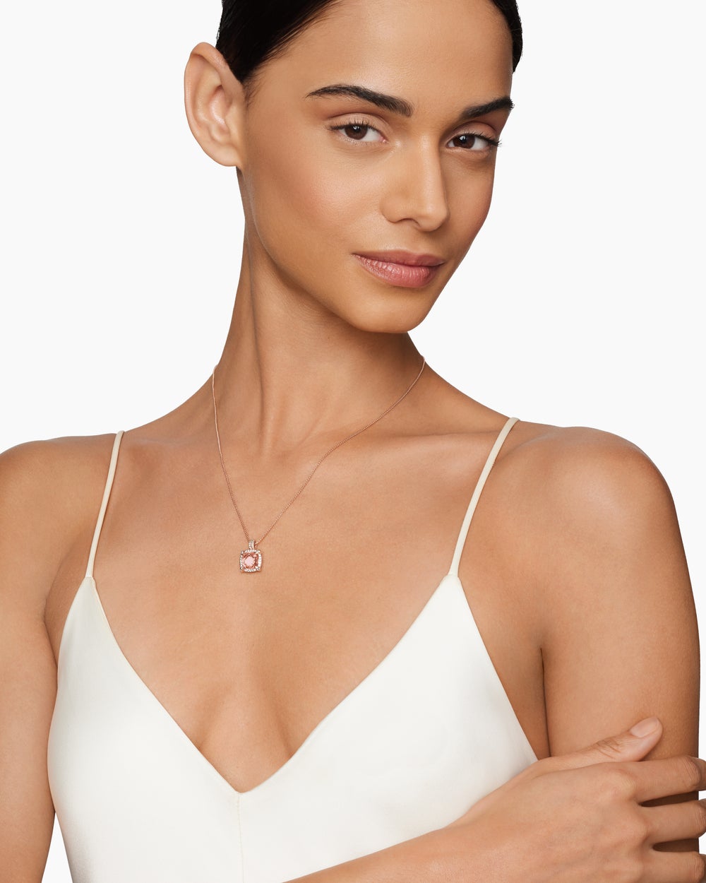 Womens Chatelaine® Pavé Bezel Pendant Necklace in 18ct Rose Gold with Morganite and Diamonds, 9mm