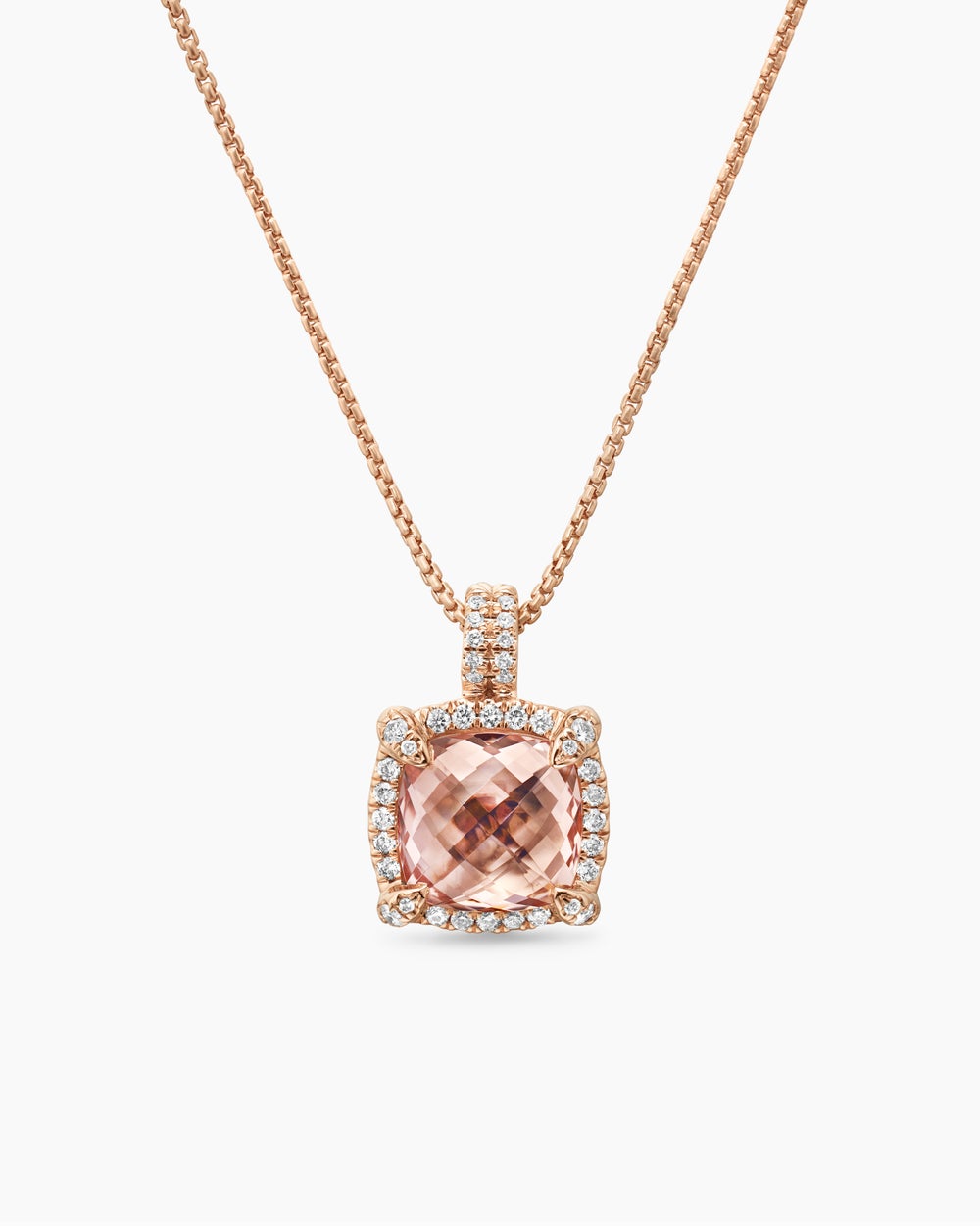 Womens Chatelaine® Pavé Bezel Pendant Necklace in 18ct Rose Gold with Morganite and Diamonds, 9mm