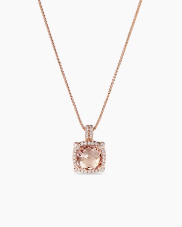 Chatelaine® Pavé Bezel Pendant Necklace in 18K Rose Gold with Morganite and Diamonds, 9mm