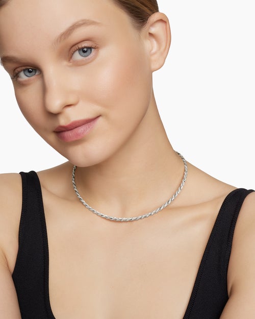 Womens Sculpted Cable Flex Necklace in 18K White Gold with Diamonds, 3.7mm