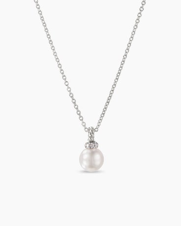 Petite Solari Pendant Necklace in 18K White Gold with Pearl and Diamonds, 11.5mm