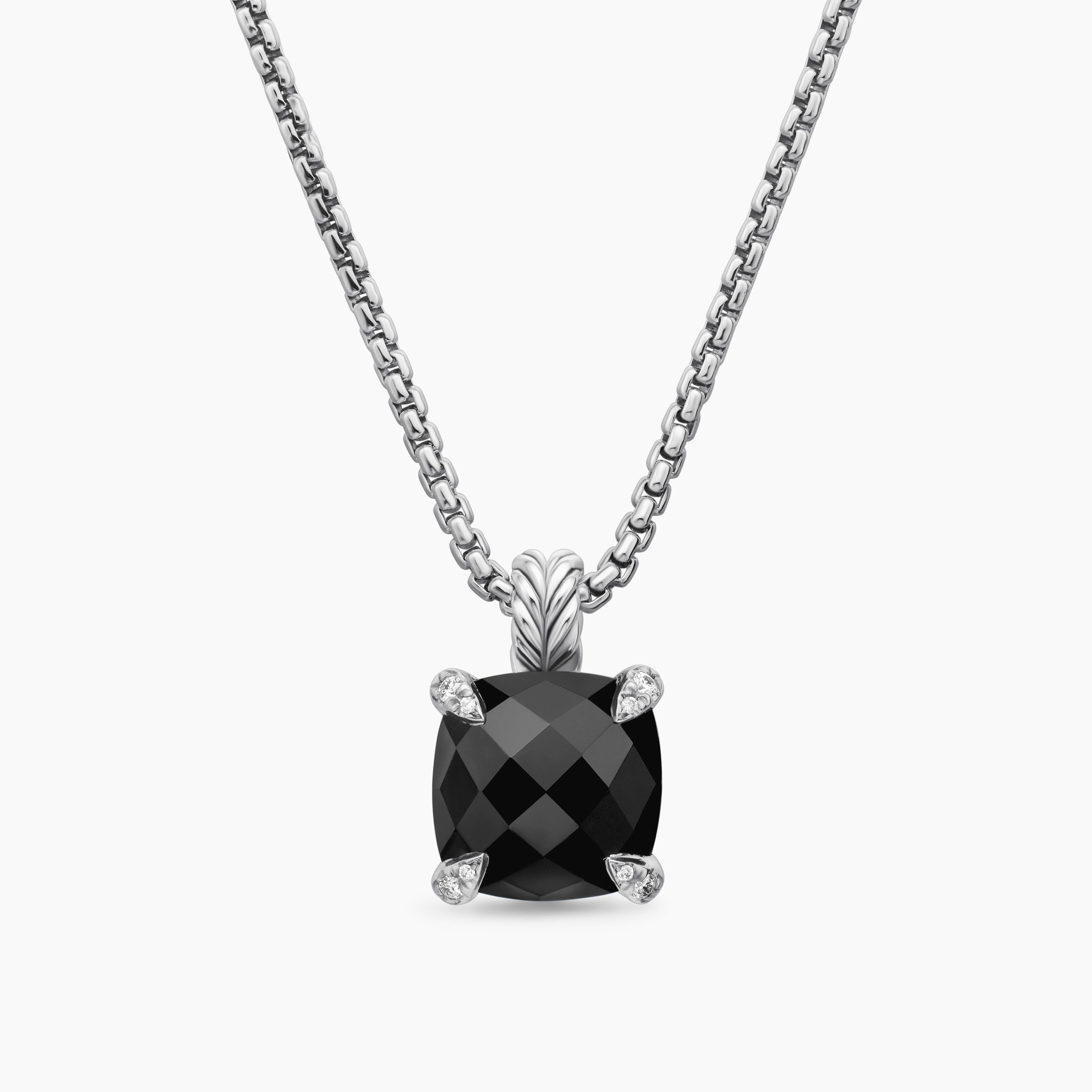 Womens Chatelaine&reg; Pendant Necklace in Sterling Silver with Black Onyx and Diamonds, 11mm