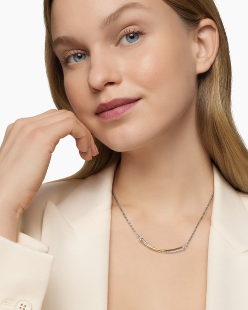 Womens Crossover Bar Necklace in Sterling Silver with 18K Yellow Gold