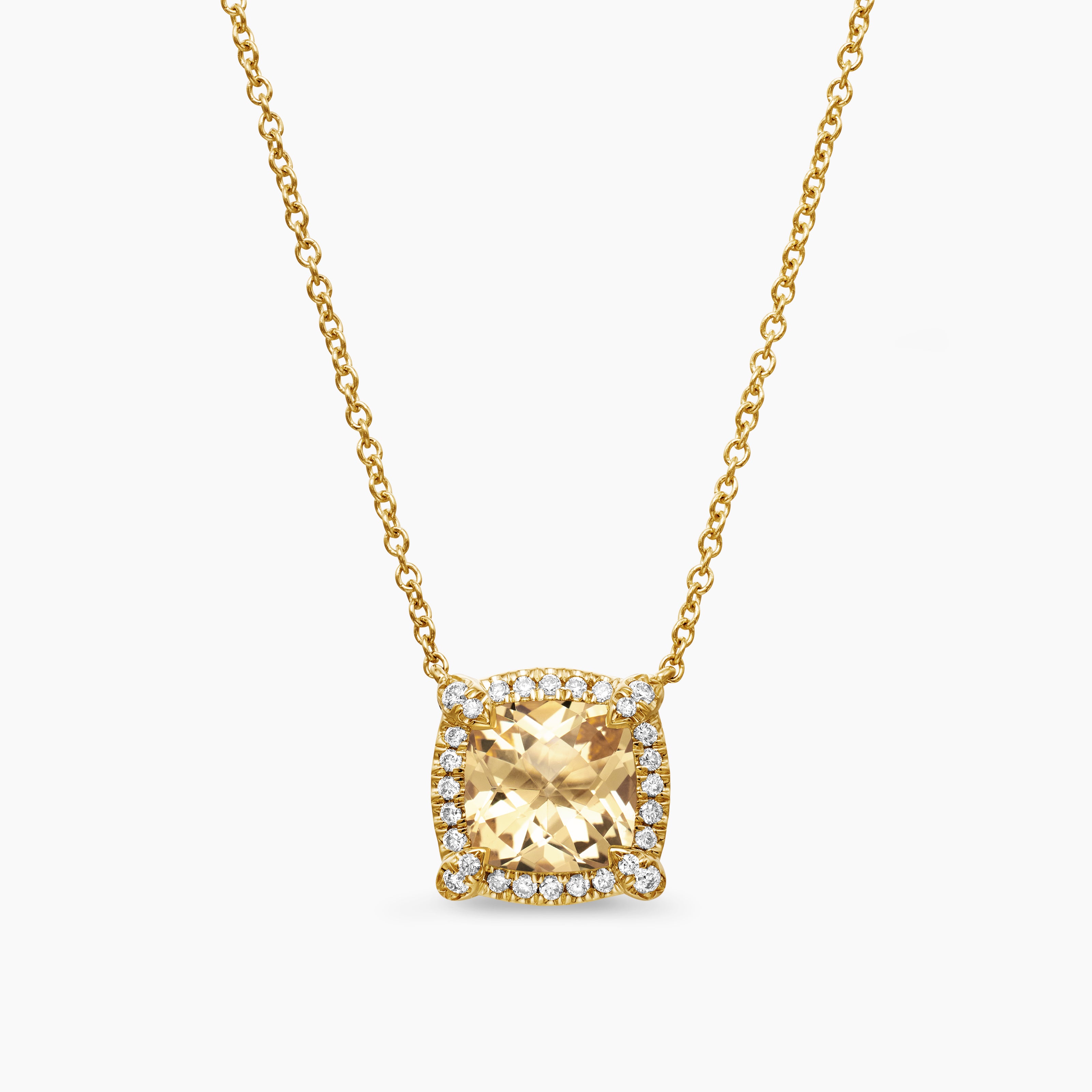 Womens Petite Chatelaine&reg; Pav&eacute; Bezel Pendant Necklace in 18K Yellow Gold with Champagne Citrine and Diamonds, 7mm