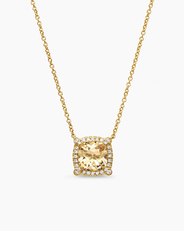 Petite Chatelaine® Pavé Bezel Pendant Necklace in 18K Yellow Gold with Champagne Citrine and Diamonds, 7mm