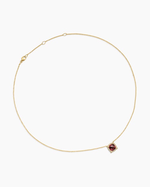 Womens Petite Chatelaine® Pavé Bezel Pendant Necklace in 18ct Yellow Gold with Garnet and Diamonds, 7mm