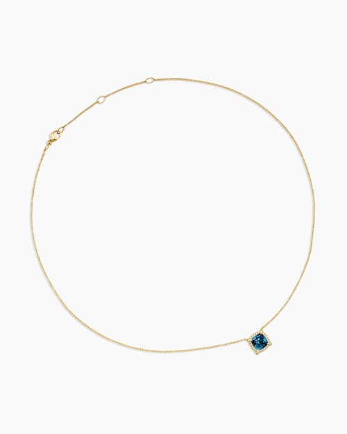 Womens Petite Chatelaine® Pavé Bezel Pendant Necklace in 18ct Yellow Gold with Hampton Blue Topaz and Diamonds, 7mm