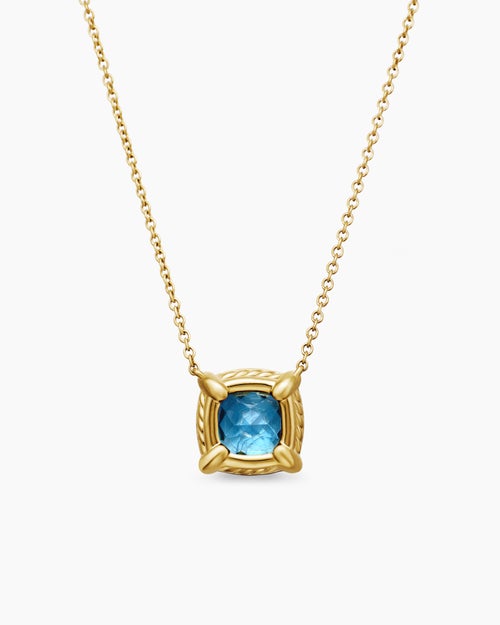 Womens Petite Chatelaine® Pavé Bezel Pendant Necklace in 18K Yellow Gold with Hampton Blue Topaz and Diamonds, 7mm