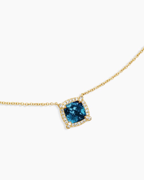 Womens Petite Chatelaine® Pavé Bezel Pendant Necklace in 18K Yellow Gold with Hampton Blue Topaz and Diamonds, 7mm