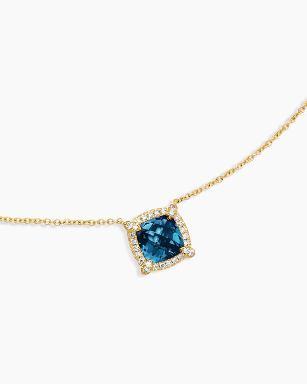 Petite Chatelaine® Pavé Bezel Pendant Necklace in 18K Yellow Gold with Hampton Blue Topaz and Diamonds, 7mm