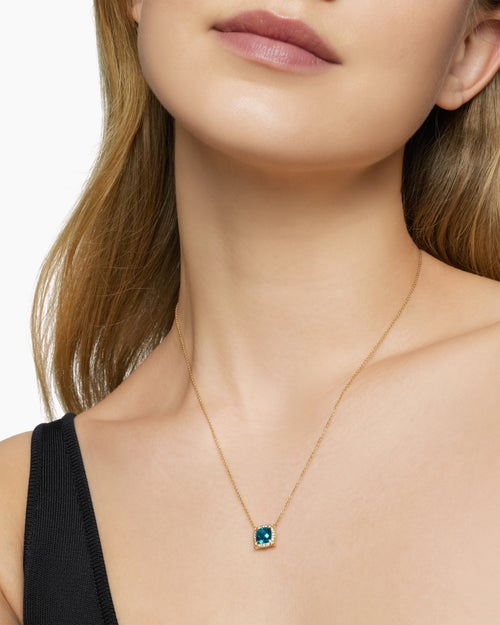 Womens Petite Chatelaine® Pavé Bezel Pendant Necklace in 18K Yellow Gold with Hampton Blue Topaz and Diamonds, 7mm