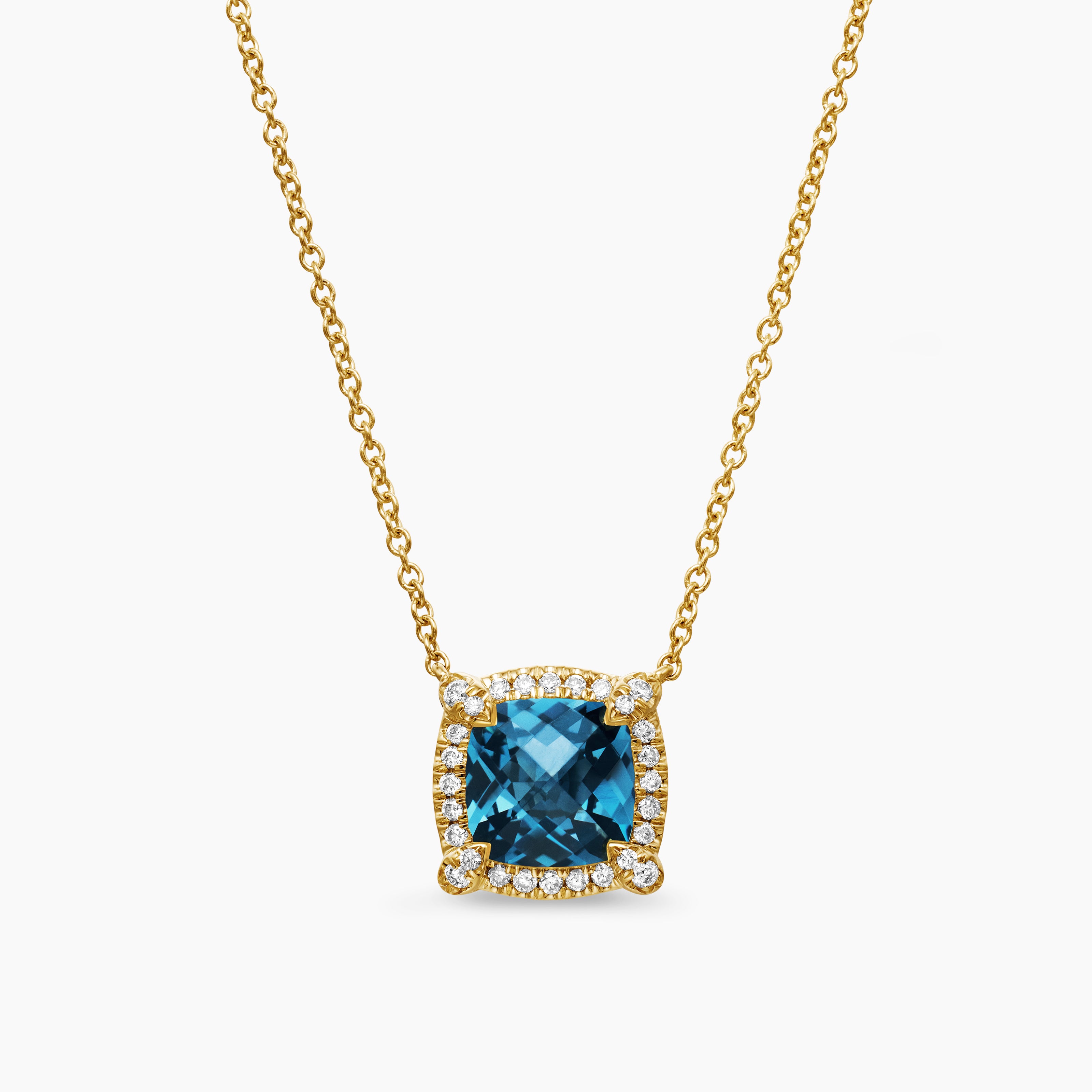 Collier pendentif &agrave; chaton pav&eacute; Petite Chatelaine&reg; en or jaune 18 carats avec topaze bleue Hampton et diamants, 7 mm femme 