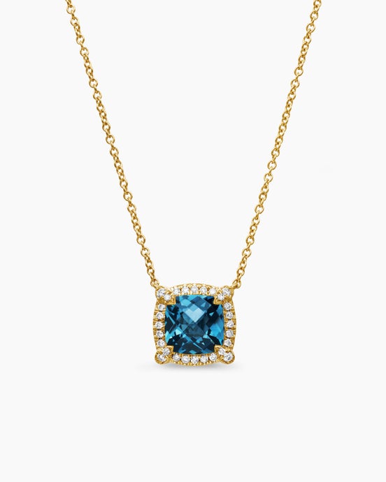 Petite Chatelaine® Pavé Bezel Pendant Necklace in 18K Yellow Gold with Hampton Blue Topaz and Diamonds, 7mm