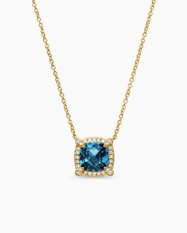 Petite Chatelaine® Pavé Bezel Pendant Necklace in 18K Yellow Gold with Hampton Blue Topaz and Diamonds, 7mm