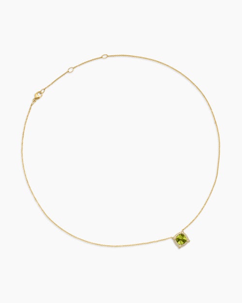 Womens Petite Chatelaine® Pavé Bezel Pendant Necklace in 18K Yellow Gold with Peridot and Diamonds, 7mm