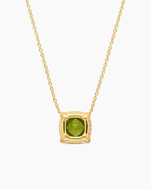 Womens Petite Chatelaine® Pavé Bezel Pendant Necklace in 18K Yellow Gold with Peridot and Diamonds, 7mm